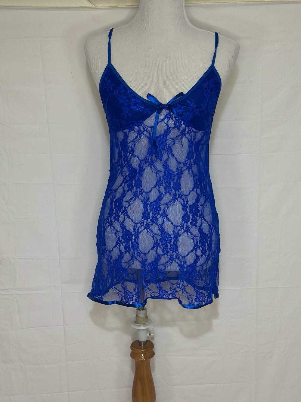 Sheer Royal Blue Lace Chemise with Bow Accent
